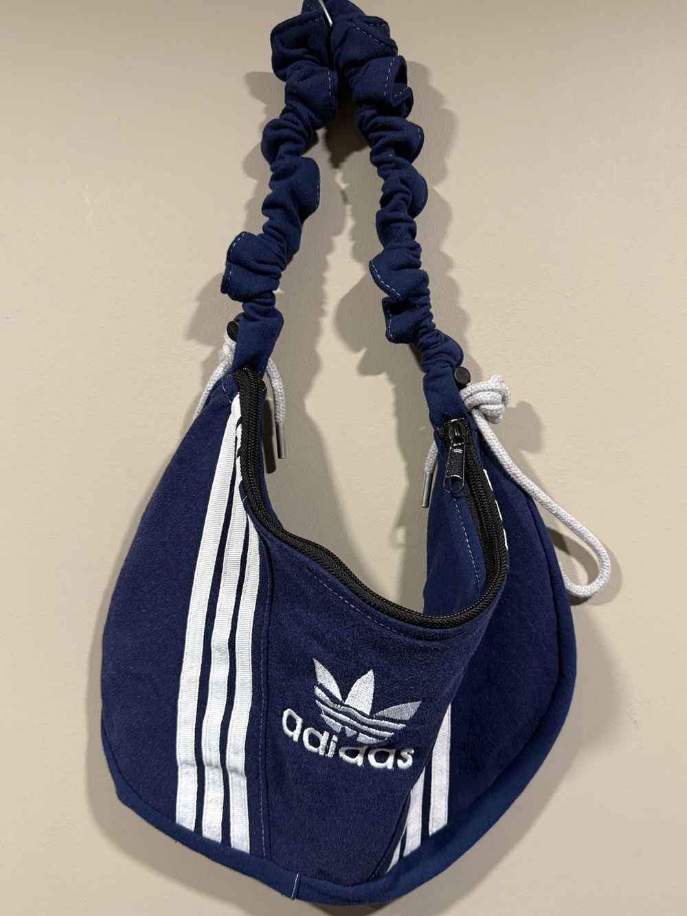 adidas inspired navy Three-Stripe rework boho Shoulder Bag w/ Scrunch handle